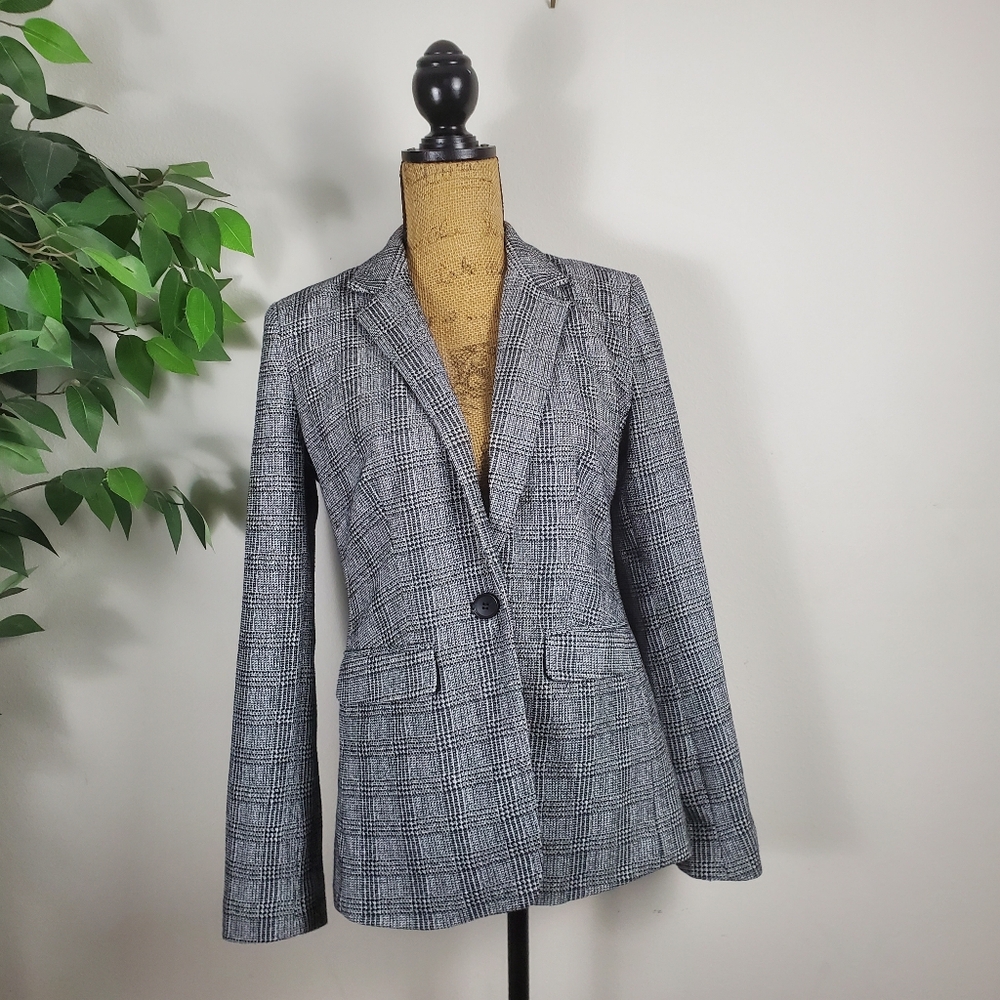 LOFT Gray Black Plaid Tweed Blazer Women Size 4